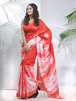 Red and white shibori printed silk saree 2