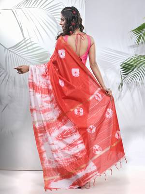 Red and white shibori printed silk saree 3