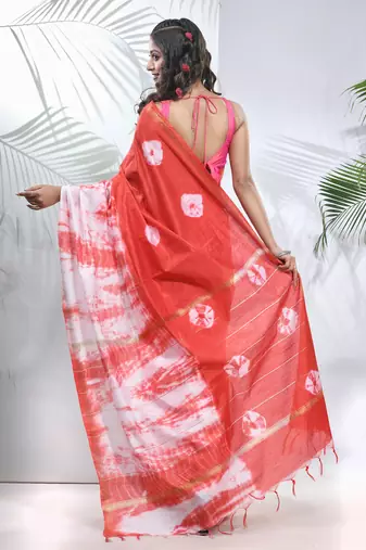 Red and white shibori printed silk saree