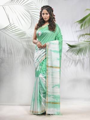 Tea green and white shibori printed silk saree 1
