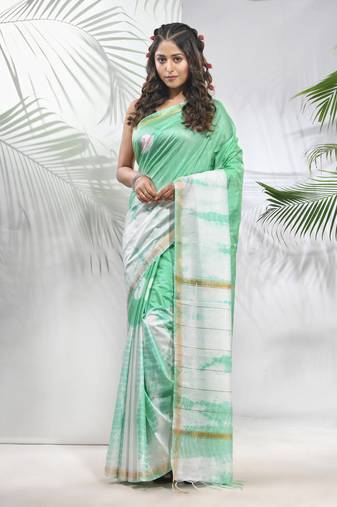 Tea green and white shibori printed silk saree