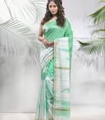 Tea green and white shibori printed silk saree
