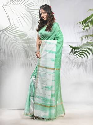 Tea green and white shibori printed silk saree 2