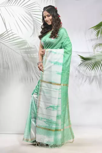 Tea green and white shibori printed silk saree