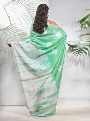 Tea green and white shibori printed silk saree 3