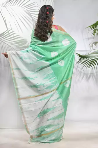 Tea green and white shibori printed silk saree