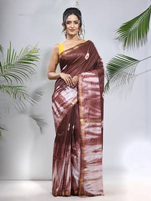 Brown and white shibori printed silk saree 1