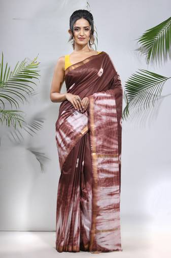 Brown and white shibori printed silk saree