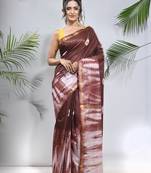 Brown and white shibori printed silk saree