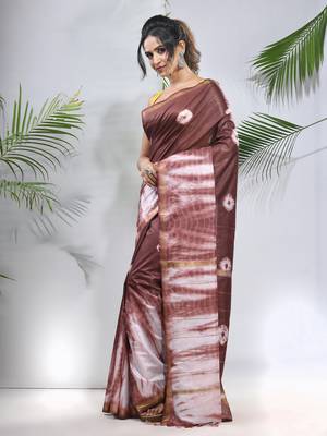 Brown and white shibori printed silk saree 2