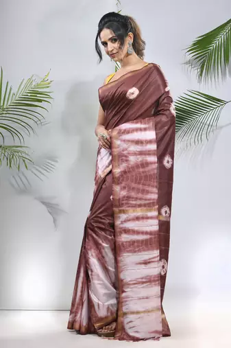 Brown and white shibori printed silk saree