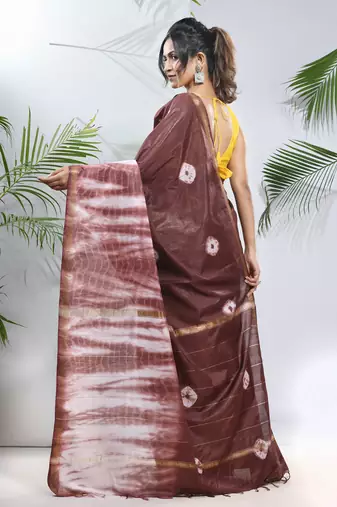 Brown and white shibori printed silk saree