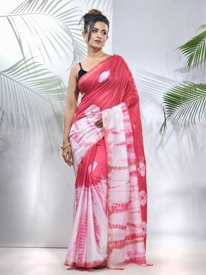 Pink and white shibori printed silk saree 1