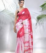 Pink and white shibori printed silk saree