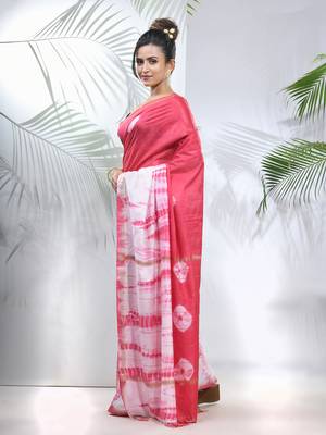 Pink and white shibori printed silk saree 2
