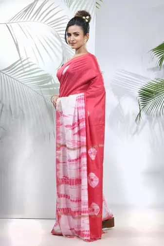 Pink and white shibori printed silk saree