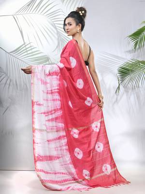Pink and white shibori printed silk saree 3