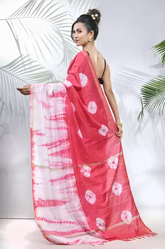 Pink and white shibori printed silk saree