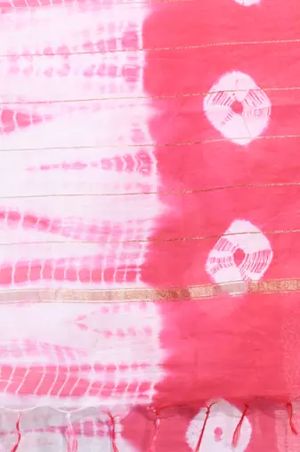 Pink and white shibori printed silk saree