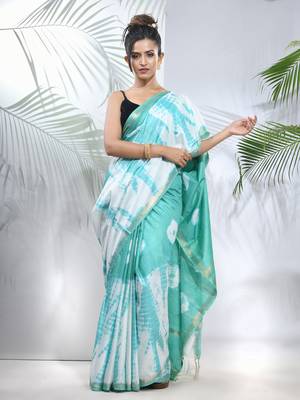 Sea green and white shibori printed silk saree 1
