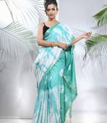 Sea green and white shibori printed silk saree