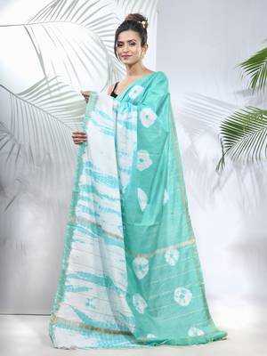 Sea green and white shibori printed silk saree 2