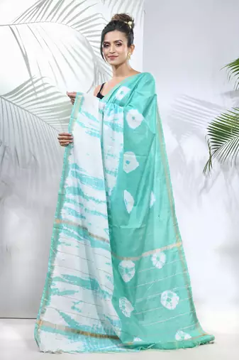 Sea green and white shibori printed silk saree