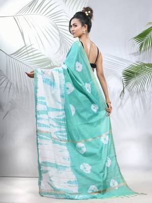 Sea green and white shibori printed silk saree 3