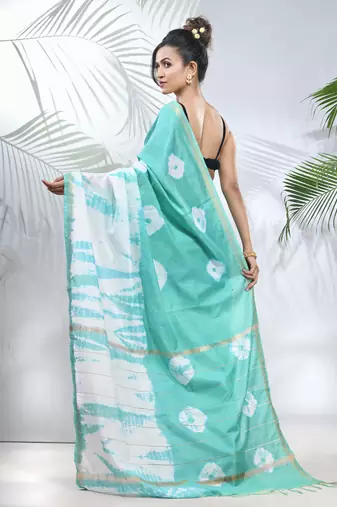 Sea green and white shibori printed silk saree
