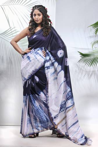 Navy blue and white shibori printed silk saree