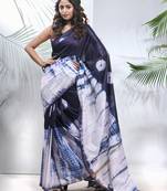 Navy blue and white shibori printed silk saree