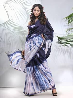 Navy blue and white shibori printed silk saree 2