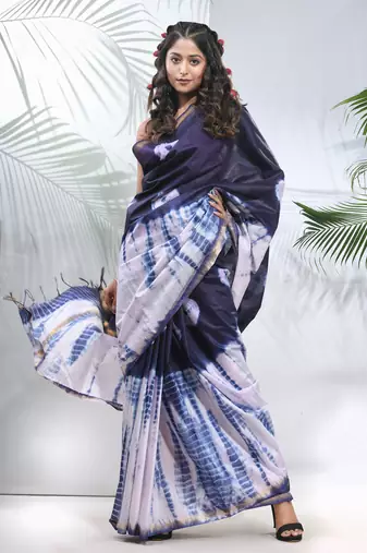 Navy blue and white shibori printed silk saree