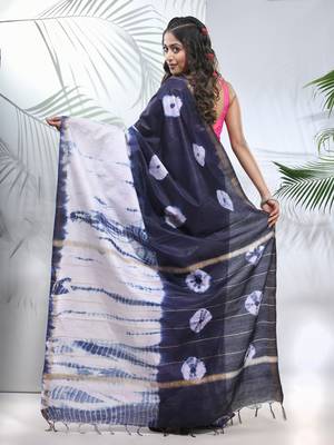 Navy blue and white shibori printed silk saree 3