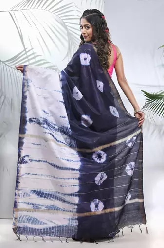 Navy blue and white shibori printed silk saree