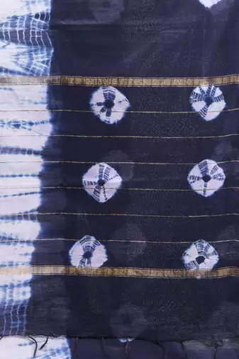 Navy blue and white shibori printed silk saree
