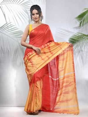 Yellow and red shibori printed silk saree 1