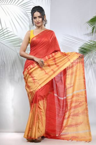 Yellow and red shibori printed silk saree