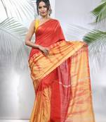 Yellow and red shibori printed silk saree