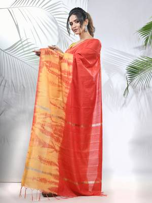 Yellow and red shibori printed silk saree 2