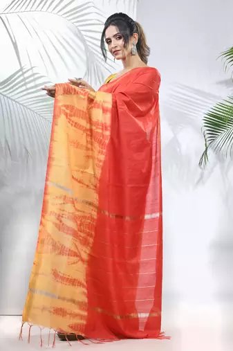 Yellow and red shibori printed silk saree