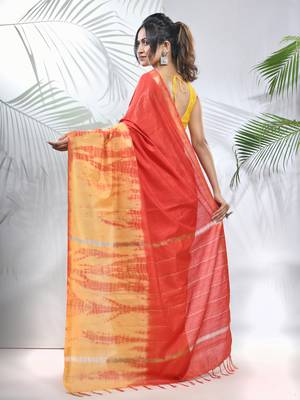 Yellow and red shibori printed silk saree 3