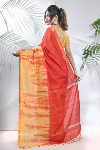 Yellow and red shibori printed silk saree