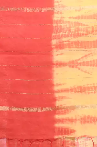 Yellow and red shibori printed silk saree