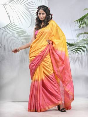 Yellow and flamingo pink silk saree with zari borders 1