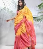 Yellow and flamingo pink silk saree with zari borders