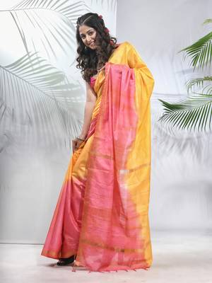 Yellow and flamingo pink silk saree with zari borders 2