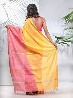 Yellow and flamingo pink silk saree with zari borders 3