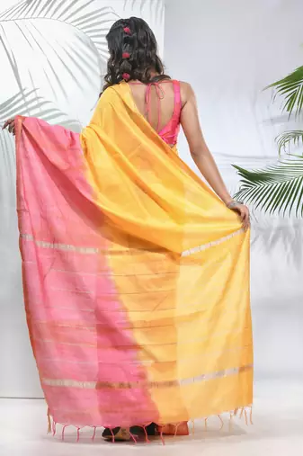 Yellow and flamingo pink silk saree with zari borders