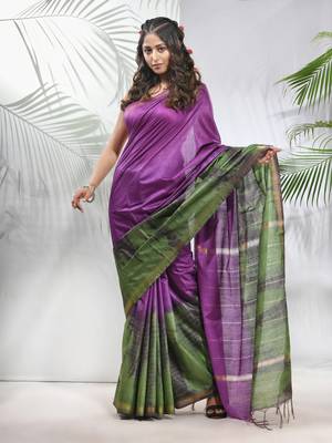 Violet and sap green shibori printed silk saree 1